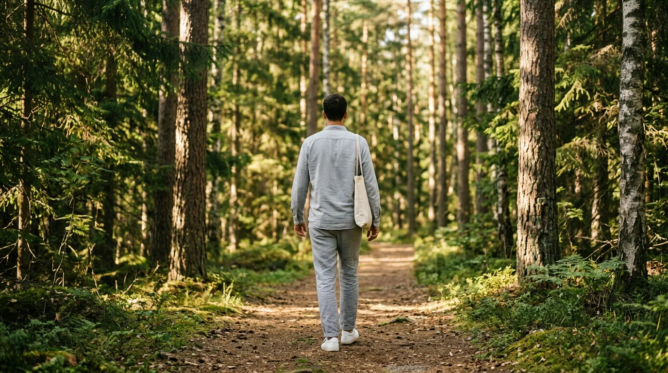 Anonym man på promenad i skogen - aktiv livsstil för mäns välbefinnande